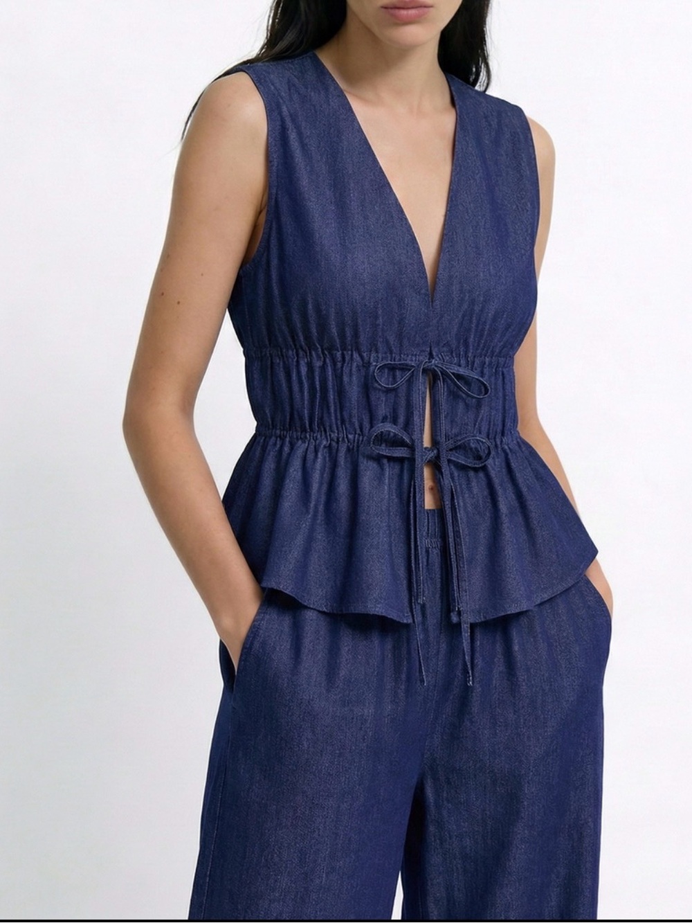 Commense Sleeveless Navy Drawstring Peplum Top and Pants Set
